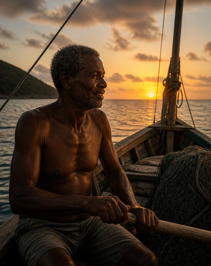 Seychellois fisherman on the shoreline
