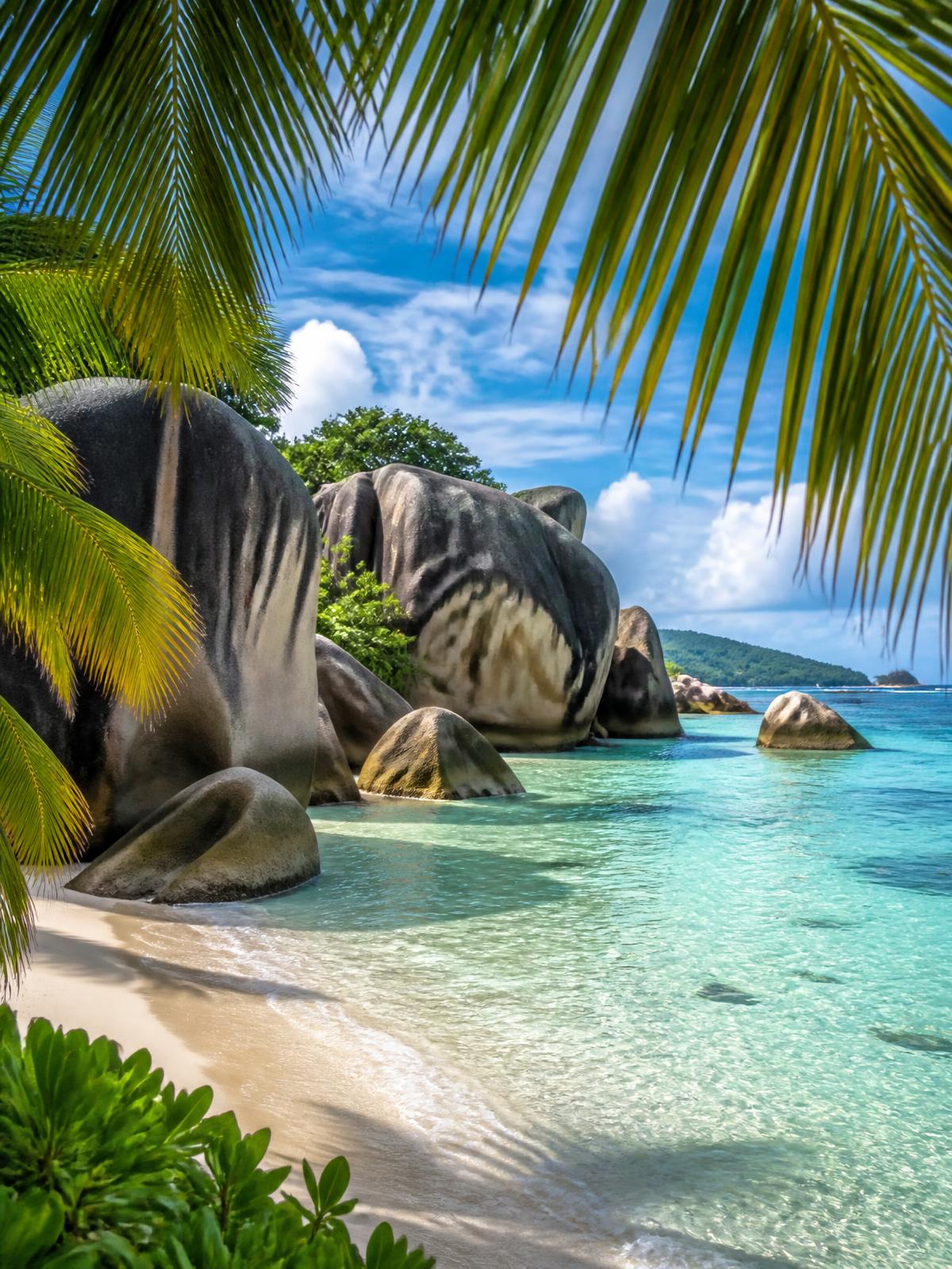 Turquoise Seychelles lagoon framed by granite boulders and palms